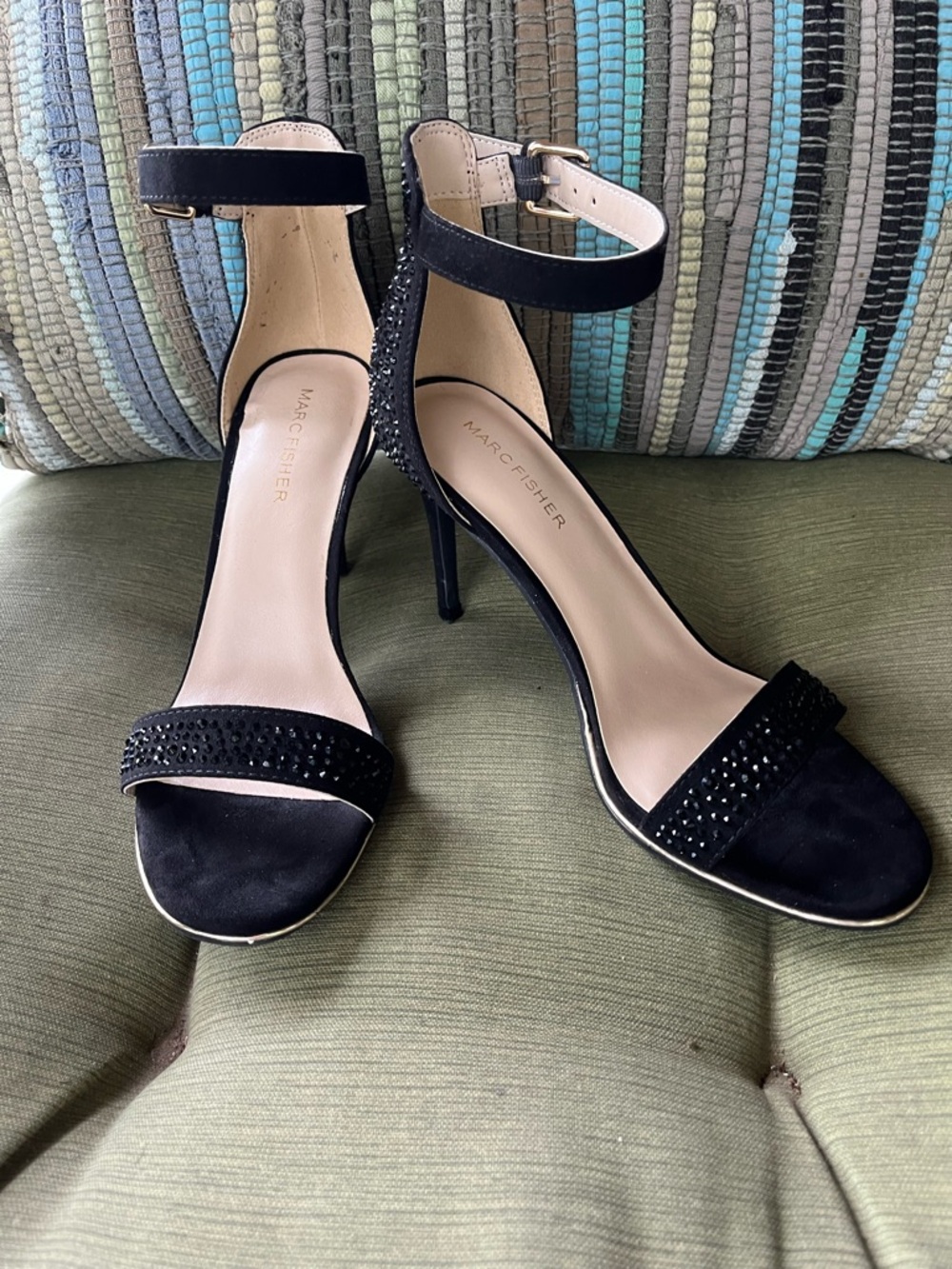 Marc Fisher Black Suede Rhinestone Ankle-Strap Stiletto Sandals